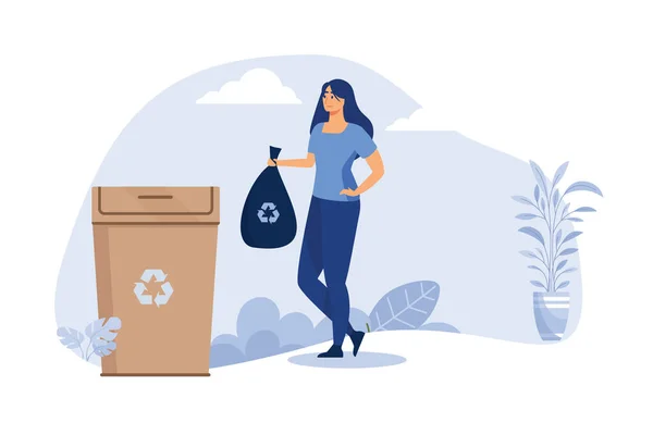 Pozitivní Žena Vyhazuje Opakovaně Použitelné Odpadky Kontejner Odpadky Ploché Vektorové — Stockový vektor