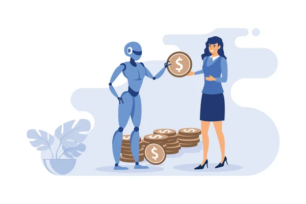 Robot Daje Dziewczynie Złotą Monetę Robot Przynosi Zyski Biznesowi — Wektor stockowy