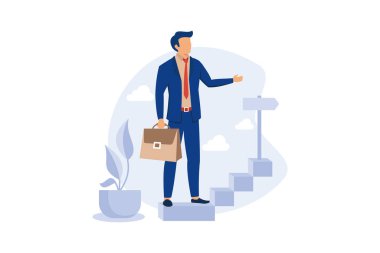 Kariyer Merdiveni, iş adamıyım. Çizgi film karakterleri el ele tutuşarak merdivenleri tırmanırlar. takım çalışması illüstrasyonu.