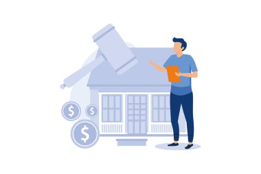 Mülk alım satımı. Müzayede evi, özel teklifler peşpeşe teklif işlemleri, açık arttırma konseptini yürüten iş. Pembemsi mercan mavisi çizimi