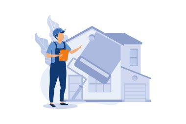 Ev Onarım Servisi. Yapı Ekipmanları Araçları ile İnşaat Mühendisleri Grubu Ev Tamiri'nde çalışır. Marangoz Tamircisi, İnşaatçı, Master Renovation Apartment. Karikatür Düz Vektör İllüstrasyon