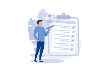 Çalışan değerlendirme konsepti. Çalışan değerlendirmesi, test formu ve rapor, işçi performans değerlendirmesi. Personel yönetimi, çalışan geliştirme. İzole edilmiş düz vektör çizimi