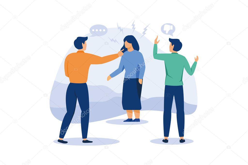 Bullying attack concept, flat vector illustration. Aggression and humiliation victim with pointing fingers symbolism. Social violence problem. School or workplace verbal or physical abuse.