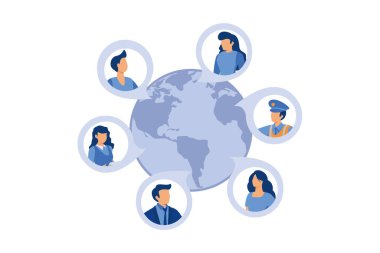 Beyaz tıbbi maskeli insanlar sosyal ağlar aracılığıyla iletişim kuruyor. İletişim yasağı, karantina koronavirüs konsept vektörü