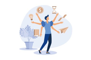 Sanal iş asistanı. Kart yatırım yönetimi. vektör, mobil asistanın grafik tasarımı, yükselme, bir projeye yatırım, çok işlevli işçi düz tasarım modern illüstrasyon