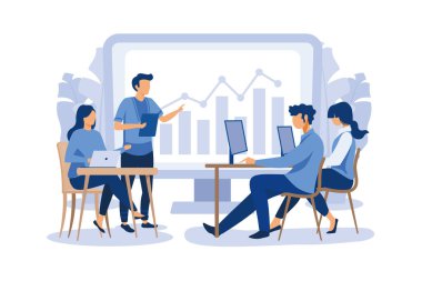 yaratıcı çizimler, iş adamları, takım düşüncesi ve beyin fırtınası, şirket bilgi analizi vektörü, modern illüstrasyon tasarımı