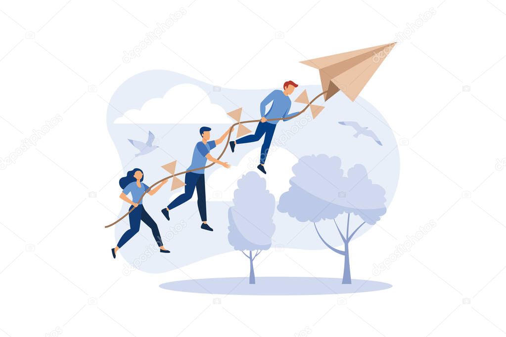 achievement concept, a company of people holding on to a thread from a paper plane, move towards the goal. flat design modern illustration