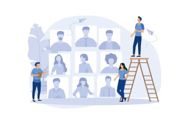 Açık kadro, bir işletme şirketi bulmaca, düz renk simgeleri, yaratıcı çizimler, iş adamları, modern bir ilüstrasyon üzerinde çalışacak bir çalışan arıyor.