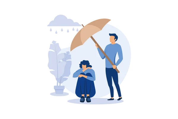 Concept Soutien Aux Personnes Stressées Jeune Homme Tend Parapluie Pluie — Image vectorielle