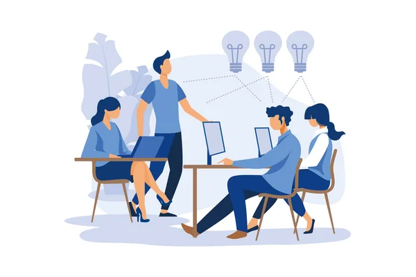business meeting and brainstorming, business concept for teamwork, searching for new solutions, little people are sitting on light bulbs in search of ideas flat modern design illustration