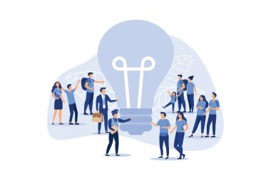 İş toplantısı ve beyin fırtınası, takım çalışması için iş konsepti, yeni çözümler arayışı, küçük insanlar fikirlerin vektör düz modern tasarım illüstrasyonunda büyük ampule bakıyorlar.