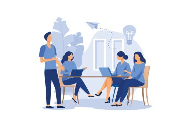 İş adamları sosyal ağ, haber, sosyal ağlar, sohbet, diyalog konuşma baloncukları, yeni projeler, fikir vektörü düz modern tasarım illüstrasyonunu tartışıyor