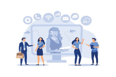 Müşteri hizmetleri, erkek yardım hattı operatörü müşteriye tavsiye eder, çevrimiçi küresel teknik destek 24-7 müşteri ve operatör vektörü düz modern tasarım illüstrasyonu