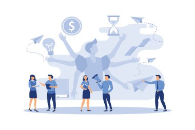 Sanal iş asistanı. Kart yatırım yönetimi. Taşınabilir asistan grafik tasarımı, yükselme, bir proje vektörü düz modern tasarım illüstrasyonuna yatırım