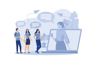 İnternet, sosyal ağ üzerinden iletişim, sohbet, video, haber, mesaj, web sitesi, arama arkadaşları, mobil web grafikleri, çevrimiçi randevu vektörü düz modern tasarım illüstrasyonu