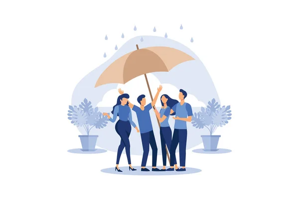 互相支持的概念 人们站在保护伞下保护向量平面现代设计图解 — 图库矢量图片