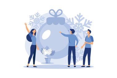 İnsanlar yeni yıla hazırlanıyor, dekorasyonla uğraşıyorlar, şirketler iş yeri vektörü düz modern tasarım illüstrasyonuyla uğraşıyorlar.