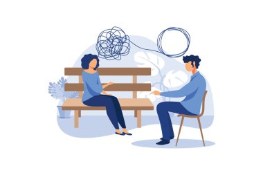 Psikoterapi konsepti. Karışık ve karmakarışık zihin metaforu olan psikolog ve hasta, psikolojik sorunları çözen doktor, kanepe danışmanlığı, zihinsel sağlık tedavisi düz vektör çizimi