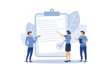 İnsanlar bir form dolduruyor, web pankartları için modern konsept, bilgi grafikleri, web siteleri, basılı ürünler düz vektör çizimi