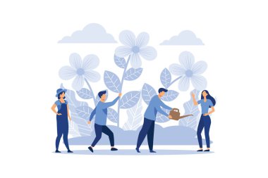 Beyaz arka planda bahar çiçekleri, bahçıvanlar bahçeyle ilgilenir, doğada bitkiler büyür ve incelenir, temiz ekoloji düz vektör çizimi