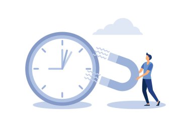 Zaman yönetimi, kontrol iş zamanı ya da iş bitiş zamanı kavramı, akıllı iş adamı zaman manipülasyonu metaforunu durdurmak için mıknatıs kullanıyor. düz vektör illüstrasyonu