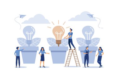 İnsanlar saksılı bitkiler yetiştirir, yaratıcı bir fikrin doğuşu için bir metafor. İş konsepti analizi. Proje etkinliğinin grafik tasarım fikri düz modern tasarım illüstrasyonu Premium Vektörü