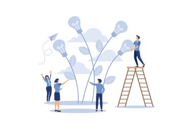 Vektör çizimi. İnsanlar saksılı bitkiler yetiştirir, yaratıcı bir fikrin doğuşu için bir metafor. İş konsepti analizi. Proje etkinliğinin grafik tasarımı fikri