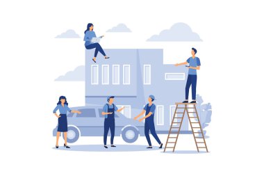 İnşaat ve konut satın alma, cadde düzenlemesi, park yerindeki araba ev vektörü düz modern tasarım illüstrasyonunun yanında.