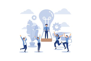 Yeni fikirler aramak, şirkette takım çalışması, beyin fırtınası, fantezi uçuşu, düşünce süreci, ampul vektörü düz modern tasarım çizimi şeklinde balon.