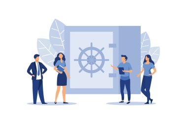 Kapalı banka kasası, kiralık kasada dolar ve nakit para çantası, güvenli tasarruf, para mevduatı, banka çalışanları, bir hesap dairesi illüstrasyonuna yatırım