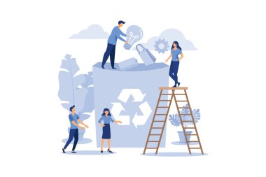 Çalışan, çöpleri geri dönüşümle, başarıya giden kariyer büyümesiyle, düz renk simgeleriyle, iş analiziyle, çevre koruma düz vektör çizimleriyle ilgilenir.