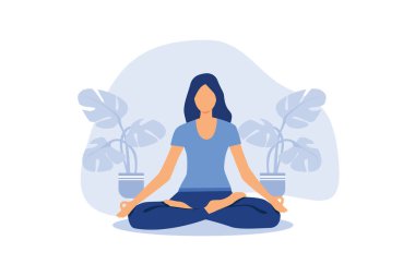 Yoga yapan hamile kadın meditasyon yapıyor, çocuk doğurmaya hazırlanıyor. düz vektör illüstrasyonu