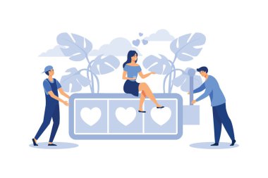 Rulet kalplerin üzerine düştü, bayram Sevgililer Günü, iletişim ve tanıdık düz vektör çizimi