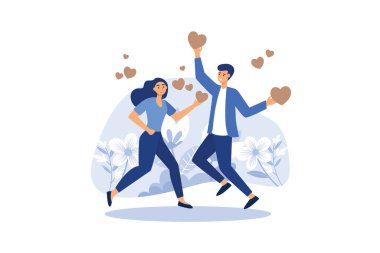 Sevgililer Günü bayramı, iletişim ve tanışma, birbirine aşık çift ve kalp düz vektör çizimi