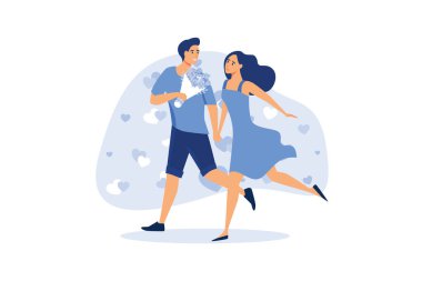 Sevgili sevgililer günü çift mutlu. Erkek çiçekçi kadın verir. Sevgililer ve gün, çift ve sevgililer günü, mutlu sevgililer, aşık çift, genç çift, sevgi ve mutlu çift, çiçek ve olay.