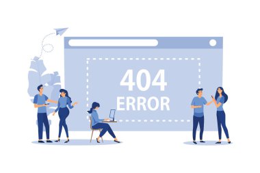 İş konsepti düz vektör illüstrasyonu, hata 404, internetten kopma, ulaşılamaz, küçük insanlar kızgın