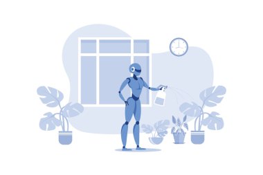 Ev Robotları Her Gün Yardım Ediyor. Robot sulama, spreyleme ve evdeki bitkiler için bakım. Yapay Zeka, House 'u tutmaya yardımcı oluyor. Evin Görünümü Olan Büyük Pencere.