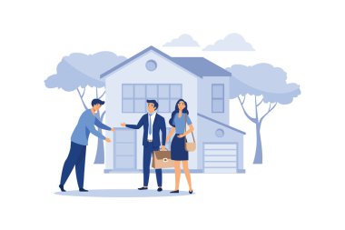 Emlakçı, yeni ve güzel modern evi müşteriye sunar ve başarılı bir anlaşma yapar. Düz tasarımda vektör illüstrasyonu.