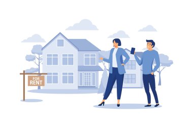 Satış afişi, reklam evi, kulübe, anahtarı olan bir ajan. Ev satın alma teklifi. Emlak kiralama. düz vektör illüstrasyonu