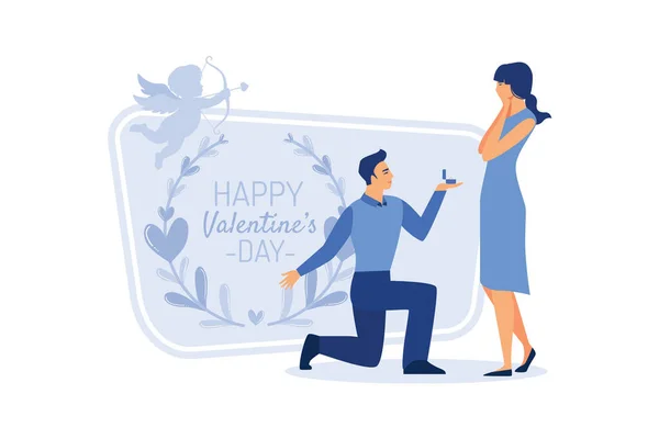 Happy Valentine Day Couple Date Man Give Flower Woman Valentine — Stock Vector