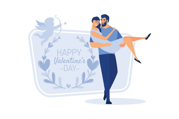 Šťastný Valentýn Rande Člověk Dává Květinové Ženě Valentýn Den Pár — Stockový vektor