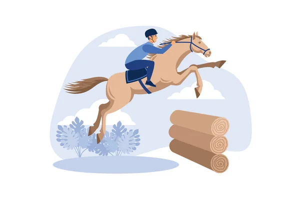 Equestrian Eventing Illustration Horse Rider Jumping Barrier Wooden Log Cabins — Stock Vector