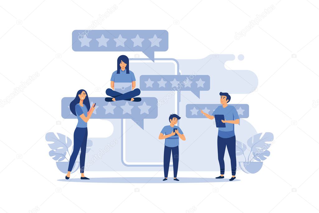 Customer reviews rating, Different people give a review rating and feedback, Support for business satisfaction flat vector illustration