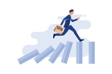 Domino etkisi üzerinde çalışan iş adamı. İş krizi. İş kavramı. düz vektör illüstrasyonu