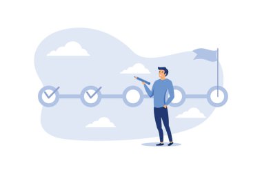 Proje izleme, proje ilerleme kavramını hatırlatmak için görev tamamlama veya kontrol listesi, proje yönetimi zaman çizelgesinde tamamlanmış görevleri kontrol etmek için büyük kalem tutan iş adamı proje yöneticisi. düz vektör