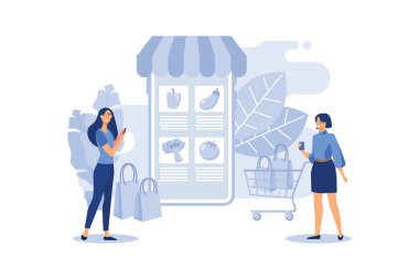 Perakende yiyecek, internetten alışveriş. Kadın internetten mal alıyor, ürün seçiyor. Alıcı için alışveriş arabası ve yiyecek. Akıllı telefondan e-ticaret. düz vektör illüstrasyonu