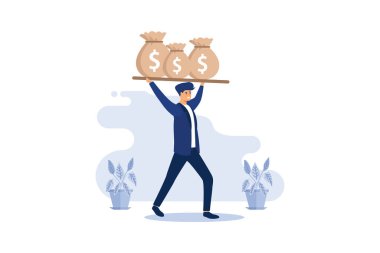 Finansal büyüme, para çantası, altın para, para dolu çantaları olan neşeli iş adamı. vektör illüstrasyonu