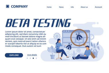 Web iniş sayfası için uygun beta test illüstrasyonu, evet, mobil uygulama, pankart şablonu. Vektör İllüstrasyonu