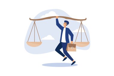 Doğru şeyler yapmak için prensip ve iş ahlakı, sosyal sorumluluk veya güven kazanmak için dürüstlük, liderlik kavramı için denge ve adalet, kendine güvenen işadamı liderinin etik teraziyi kaldırması.