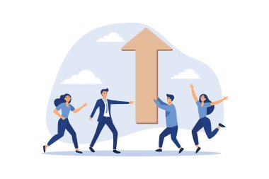 İş büyümesi ve düşme riski, takım başarısı veya kariyer gelişimi, büyük kazanç ve kâr elde etme stratejisi veya iş dünyası meydan okuma konsepti, iş adamı iş arkadaşıyla birlikte büyüyen dev bir ok taşıyor.